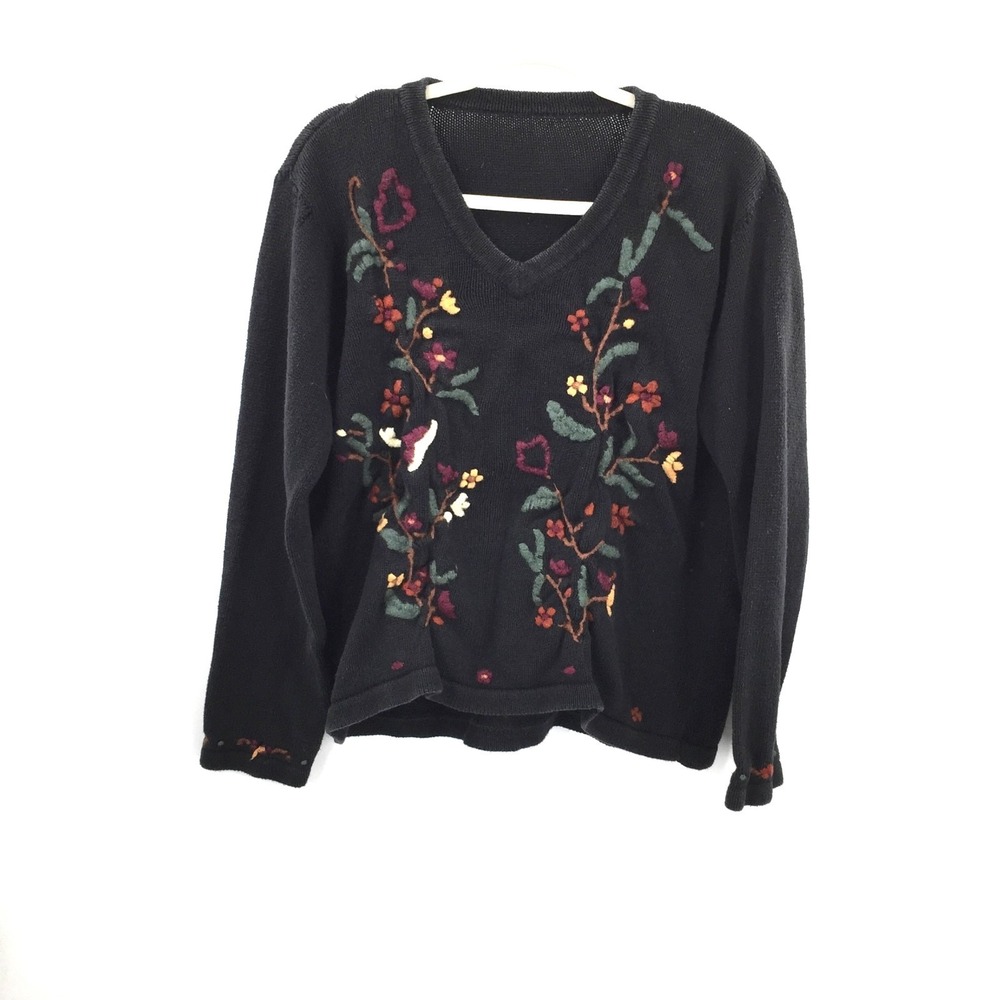 Black‎ felted wool Tree floral cottagecore fairycore v-neck pullover sweater M